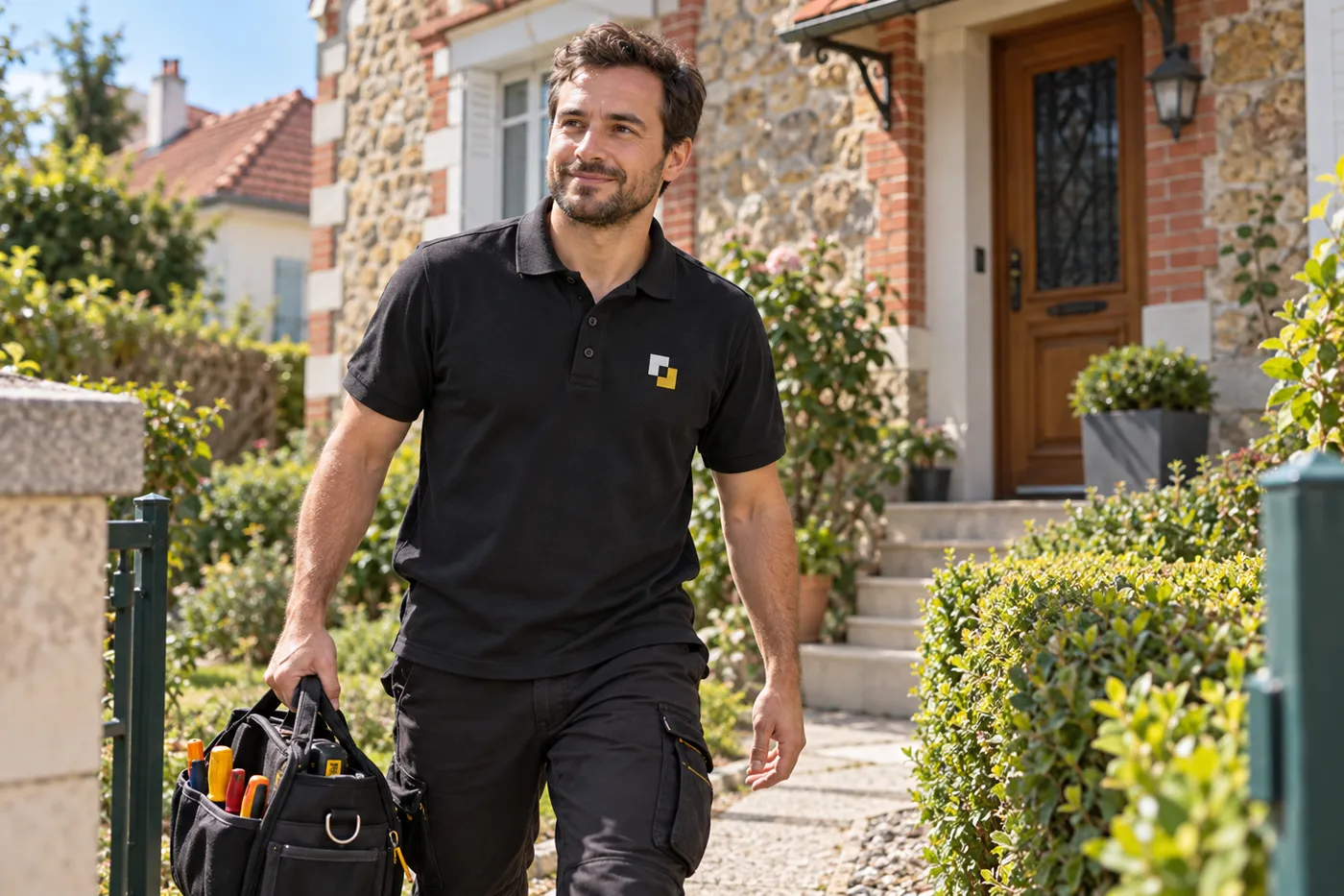 Électricien Bastide arrivant avec sa sacoche d'outils devant un pavillon en meulière du Val-de-Marne